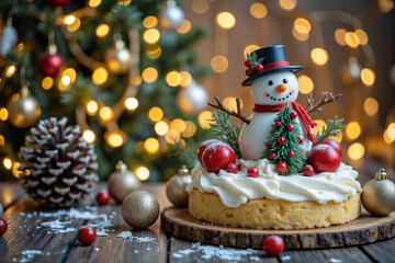 christmas cake topped with a snowman, surrounded by festive decorations including pine cones, bells, and christmas tree ornaments. A delightful centerpiece for holiday celebrations.