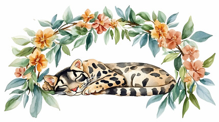 Sleeping Clouded Leopard Watercolor Floral Wreath, Jungle Background, Nursery Decor.