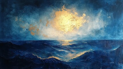 A luxurious abstract painting of an ocean seascape, featuring deep blue hues, golden accents, and shimmering textures evoking tranquility and elegance.