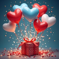 Heartfelt Balloons & Gift Surprise: A vibrant 3D rendering of heart-shaped balloons floating above a gift box exploding with sparkling lights, creating a festive and romantic atmosphere.