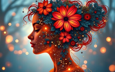 double exposure A digital art portrait of a serene woman adorned with vibrant red flowers, glowing with ethereal light.  Her hair flows like fire, creating a mystical and captivating image.