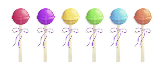 A set of round multicolored sweet lollipops. The concept of sweet dishes, desserts and confectionery. Vector illustration on a white background for a poster, banner, postcard, advertisement.