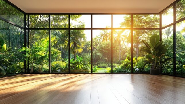 Fototapeta Sunlit Room With Expansive Tropical Garden View