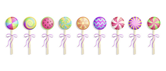 A set of lollipops, spiral, fruit candies. The concept of sweet dishes, desserts and confectionery. Vector illustration on a white background for a poster, banner, postcard, advertisement.