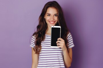 Fototapeta premium Beautiful young woman in striped shirt holding smartphone with black screen.