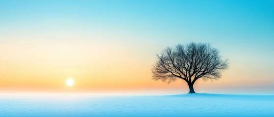 Serene Winter Sunrise  Solitary Tree in Snowy Landscape