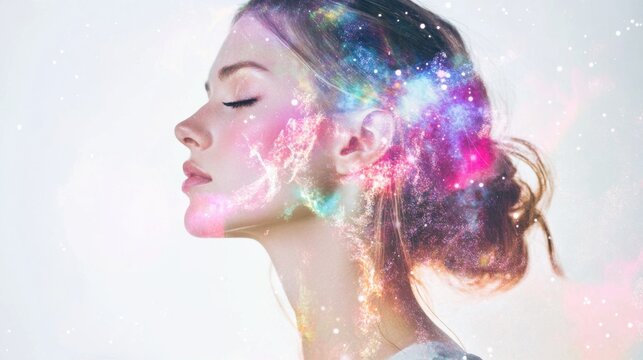 Portrait of a woman with cosmic and galaxy effects on her face
