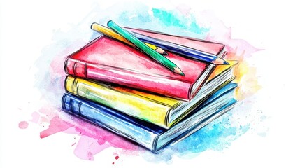 Colorful stack of books with pencils, perfect for education, creativity, and artistic pursuits. Ideal for a learning or study theme.