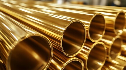 Stack of golden industrial copper pipes reflecting light