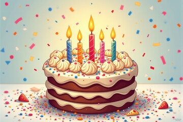 A colorful birthday cake illustration with glowing candles, cheerful decorations, and festive elements creating a vibrant party theme..