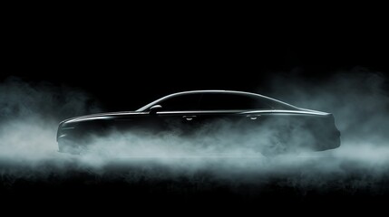 Luxurious black vehicle emerging dramatically from shadows while ambient smoke creates mysterious atmosphere, showcasing premium automotive design for upscale car dealership marketing