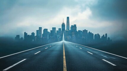 Fototapeta premium A surreal cityscape with a lonely road leading through mist to a skyline, evoking mystery and urban exploration.