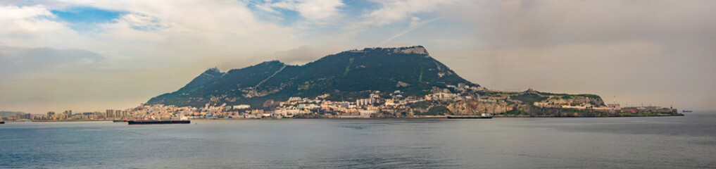 Panoramic view of the iconic rock of Gilbraltar, a British overseas territory at the tip of the Iberian Peninsula