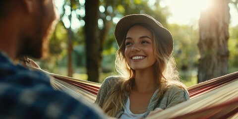 Laughing couple enjoying a hammock picnic in sunlit park