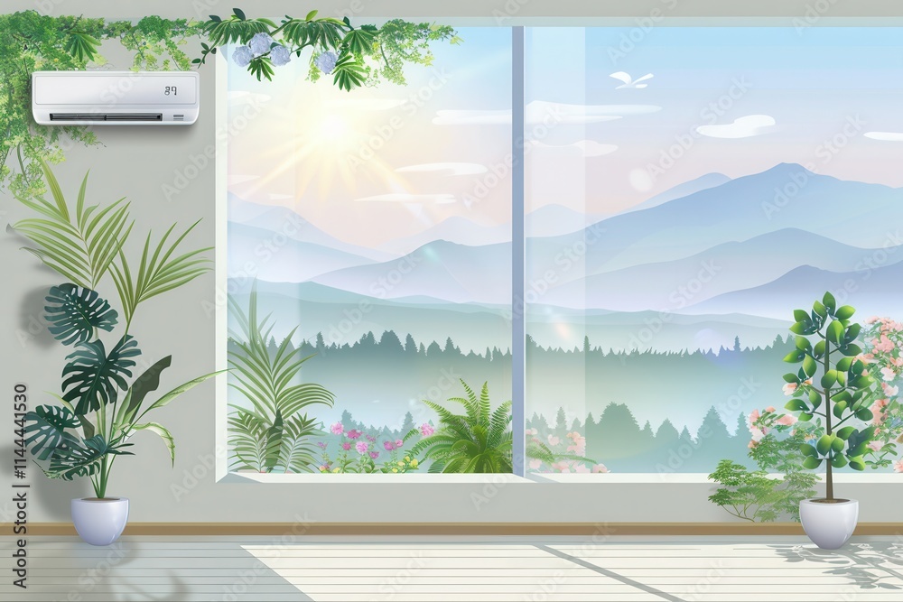 Poster Air conditioner installed in a serene room with an open window revealing a scenic mountain view and lush greenery. Generative AI