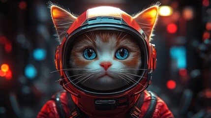 Fototapeta premium Cute cat astronaut in red helmet, big blue eyes, space background.