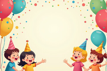 Naklejka premium A playful birthday party scene featuring happy kids with balloons, ribbons, and a large cake decorated with candles and sprinkles..
