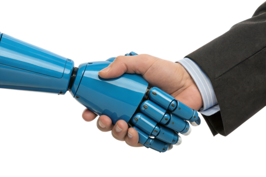 A blue robotic arm shakes hands with a human hand wearing a black suit. Transparent background. Close up