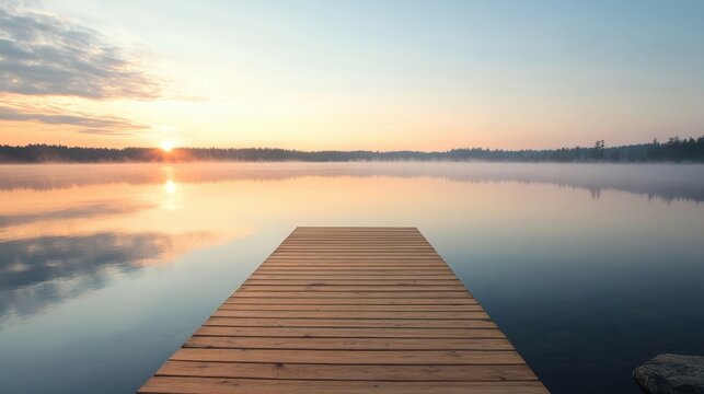 Serene Sunrise Over Calm Lake with Wooden Dock and Misty Horizon