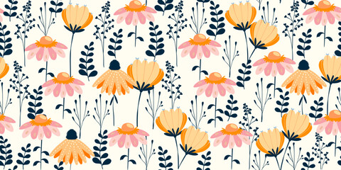 Seamless Pattern with Colorful Doodle Spring Flowers. Cartoon stylized summer plants in hand drawn style. Sweet nature design for textile, fashion fabric, home decor, wall art, cards, print