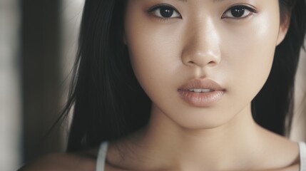 Naklejka premium Beautiful, focused face of young woman, makeup well done, eyes closed, light skin and eyebrows, looking at the camera.