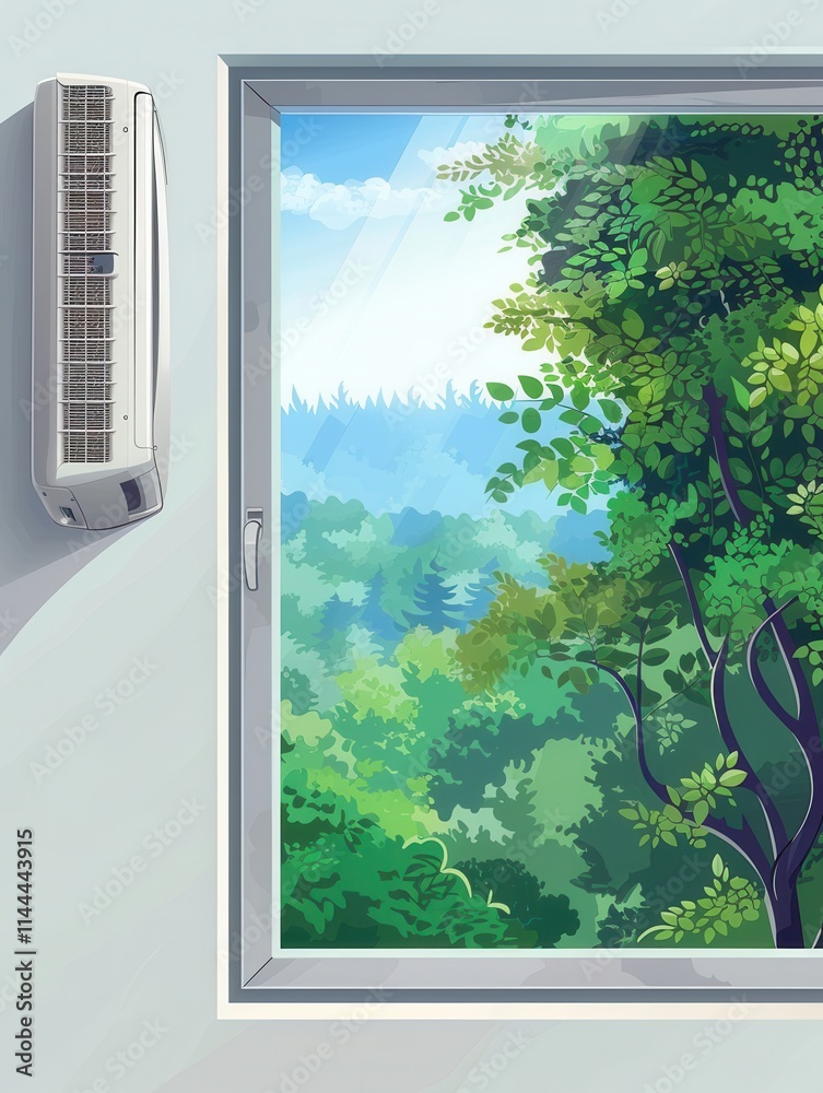 Poster air conditioner mounted on a wall with an open window showcasing vibrant greenery during the day. ge
