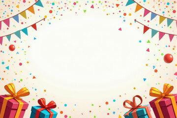 A festive birthday illustration with carefully wrapped gifts, decorative balloons, and fun party banners in bright, cheerful colors..