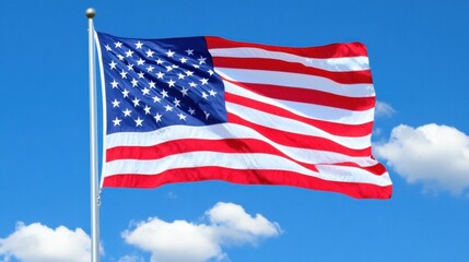 Obraz premium Waving American Flag Against a Bright Blue Sky with Soft White Clouds