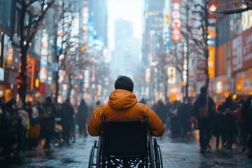 A person in a wheelchair navigates a vibrant, busy city street at night, surrounded by bright lights and bustling crowds.