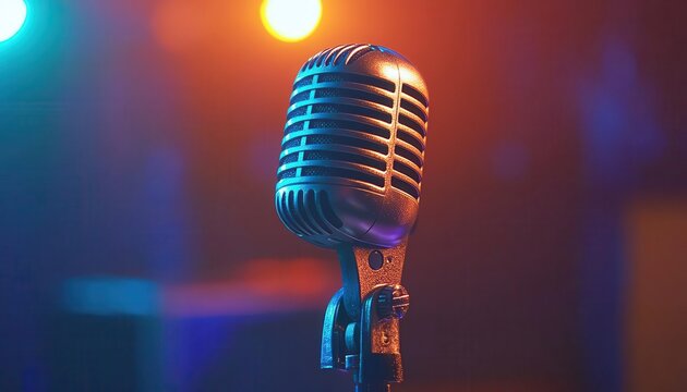 Microphone on stand with vibrant lighting, sleek design, soft glow