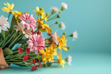 Obraz premium Vibrant artificial bouquet with assorted flowers including pink, yellow, and white.