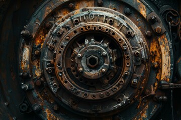 Fototapeta premium Close up of a rusty industrial machine part, highlighting the intricate details and effects of time