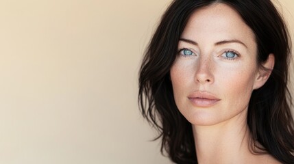 Portrait of elegant, beautiful female with shoulder-length brown hair and a deep gaze.
