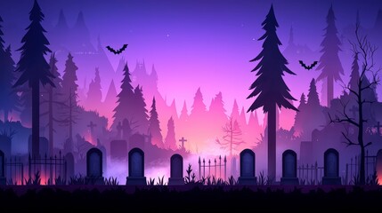 Spooky Halloween Cemetery  Silhouette Gravestones  Purple Mist  Night