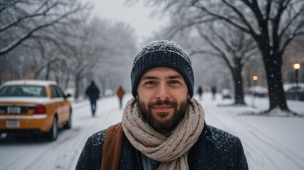 Fototapeta premium A young man with a beard smiles gently as snowflakes fall around him on a snowy city street. He's bundled in a warm hat and scarf.