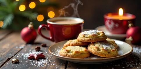 A steaming cup of hot cocoa next to a plate of warm Christmas cookies, soothing, , comforting