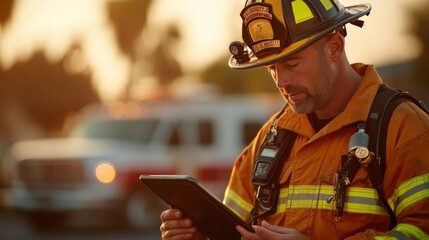 Firefighter using tablet to monitor emergency response operations urban area action scene evening light front view technology integration