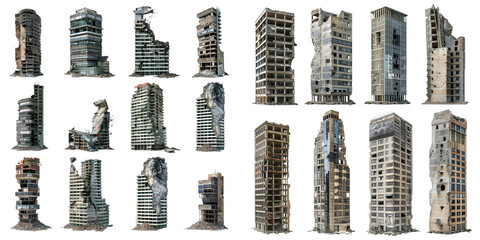 Set of ruined skyscrapers isolated on a white background. Generative AI.