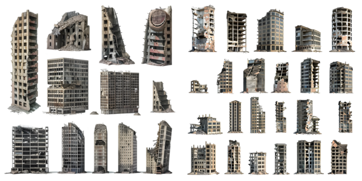 Set of ruined skyscrapers isolated on a white background. Generative AI.