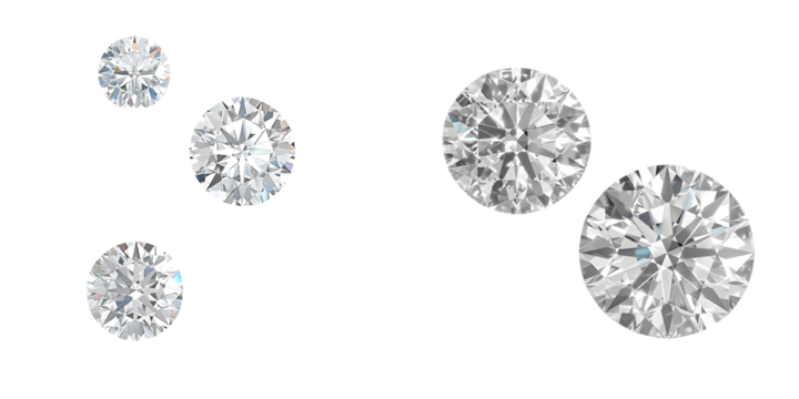 Set of Sparkling light round brilliant cut diamond with shadow top view and front view. 3D rendering illustration. Generative AI.