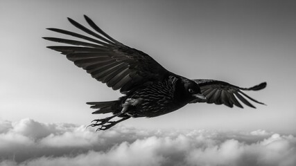 Obraz premium A black bird in flight soars gracefully above a sea of clouds, its wings outstretched in a breathtaking display of freedom and power. The monochrome palette enhances the dramatic mood of the scene.