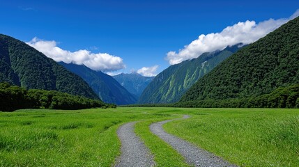 Obraz premium Winding path through lush green valley mountainous region landscape photography natural environment scenic view serenity