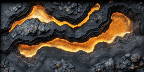 Obraz premium A vibrant depiction of molten lava flowing through rocky terrain, showcasing natural geothermal activity in an abstract, mesmerizing pattern.