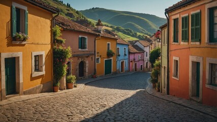 Fototapeta premium Charming cobblestone street in a picturesque village, lined with colorful houses bathed in sunlight. A tranquil scene with vibrant hues and a peaceful atmosphere.