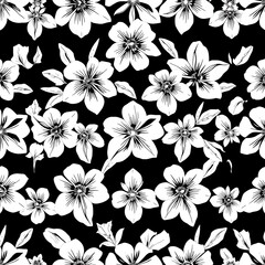 Fototapeta premium Monochromatic Floral Fantasy: Elegant white flowers on a black background create a stylish and sophisticated seamless pattern. Perfect for fashion, home decor, and more. 