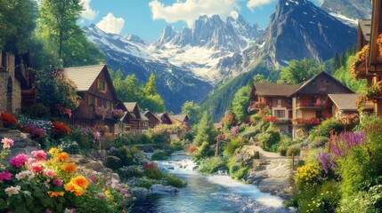 Fototapeta premium A beautiful mountain village with colorful flower gardens, a clear stream running through, and majestic peaks in the background. Ideal for nature enthusiasts and travel visuals.. AI Generation