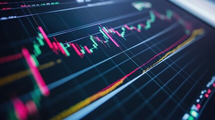 A minimalistic stock chart with line graphs, trend indicators, and trading volume bars, on a white background.