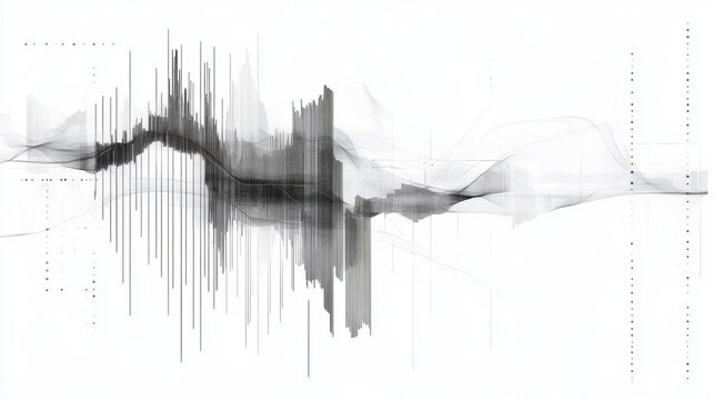 A minimalistic stock chart with line graphs, trend indicators, and trading volume bars, on a white background.