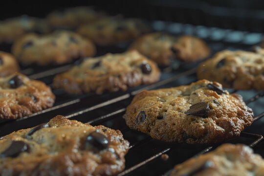 A tray of homemade chocolate chip cookies fresh out of the oven.