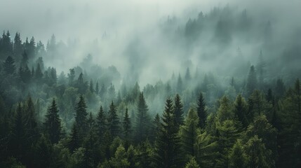  Pine trees emerge as dark silhouettes, their tops disappearing into the foggy expanse. 